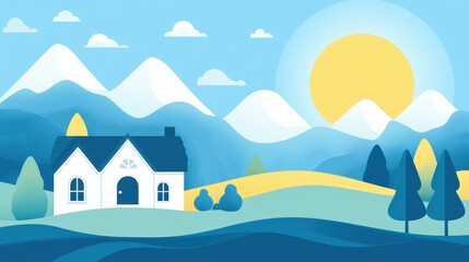 Vibrant flat design landscape featuring a house, hills, mountains, and a bright sun, set against a blue sky.