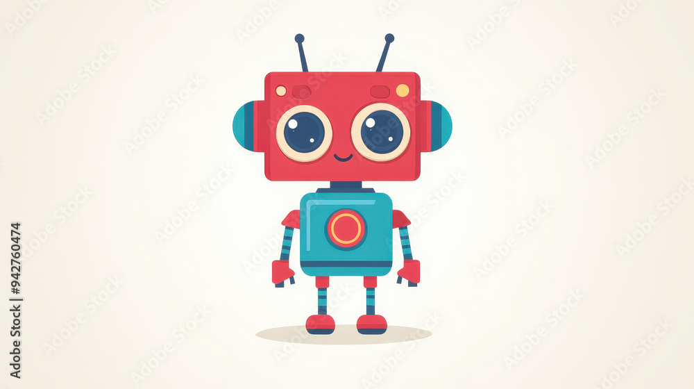 Poster a cheerful robot with a simple design and antenna, showcasing a modern cartoon style with textured d