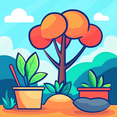 Obraz premium Bright, fun garden scene in flat design features simple shapes and bold colors for a cheerful vibe. Perfect for kids