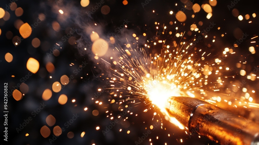 Poster close-up of a welding torch with sparks and smoke