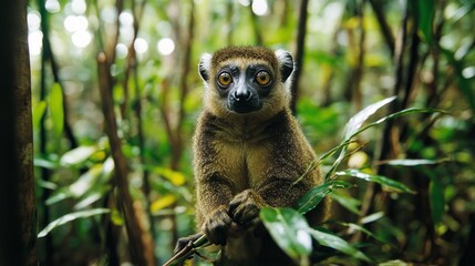 The greater bamboo lemur, Hapalemur simus, one of the world's most critically endangered primates, in dense forest of Ranomafana national park, feeds on bamboo leaves. Lemur conservancy in Madagascar.