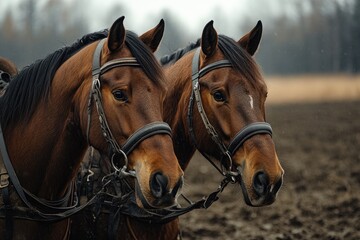 Obraz premium Two powerful brown horses wearing harnesses standing on farm