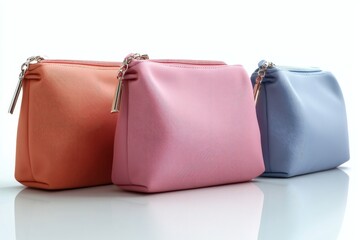 Several colorful cosmetic bags standing in a row on a table