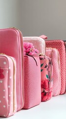 Several colorful cosmetic bags standing in a row on a table