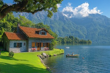 Naklejka premium Couple fishing on a mountain lake with a stone cottage