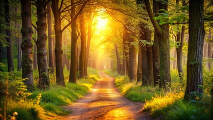 Obraz premium Serenity of a woodland pathway at sunset with blurred tree silhouettes and golden light