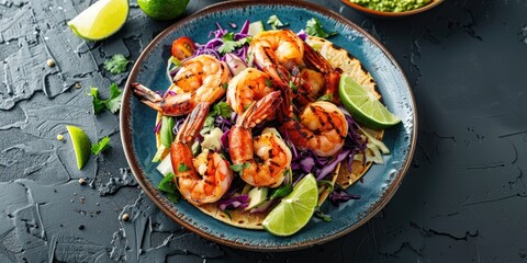 Taco Shells Filled with Grilled Shrimp, Accompanied by Cabbage Salad, Lime, and Guacamole on a Blue Plate, Overhead View with Blank Space