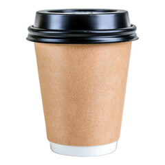 Black paper coffee cup with black lid on transparent background