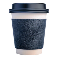 Black paper coffee cup with black lid on transparent background