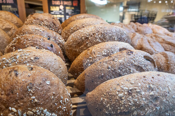 Loaves of Bread on Display in a bakery to sell
