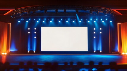 Corporate Event Stage with Large Blank Screen and Ambient Lighting for Keynote Speeches and Presentations
