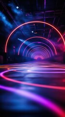 Colorful neon light arches creating a futuristic, glowing tunnel with smoke effects in a dark room. Vibrant and dynamic visual display.