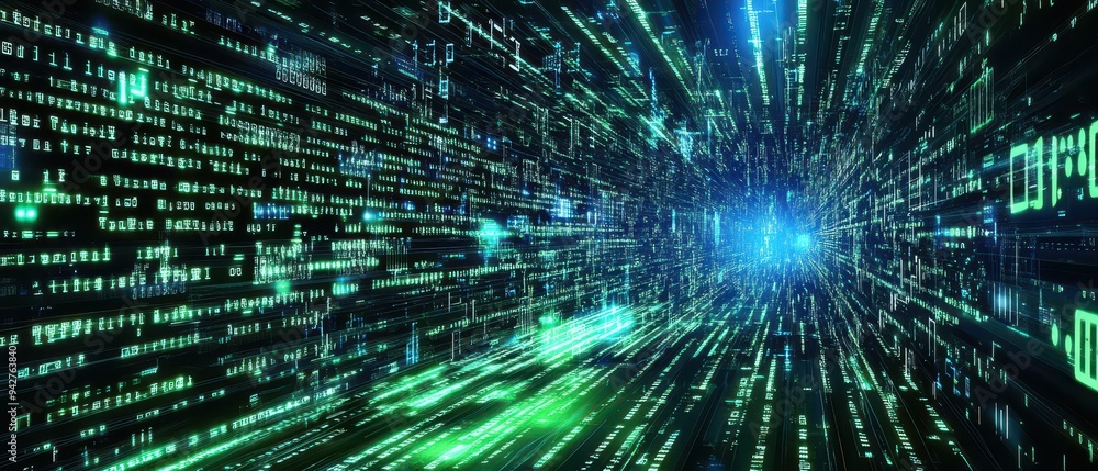 Poster futuristic digital landscape: immersive binary vortex