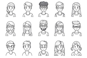 Black cartoon hand drawn characters for avatar collection isolated on white background. Simple shapes and lines people for mobile game or app interface