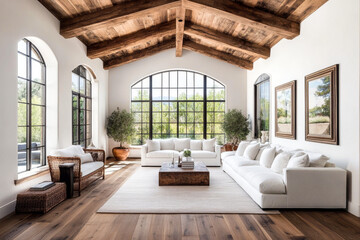 Fototapeta premium Modern Spanish Interior Design. Generated image. A digital rendering of the interior of a home in the modern Spanish design style.