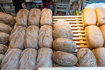 Loaves of Bread on Display in a bakery to sell
