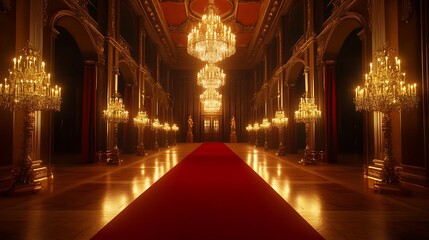 Obraz premium Grand Hallway with Red Carpet and Gleaming Chandelier Lighting, Ready for an Exclusive Glamorous Gala