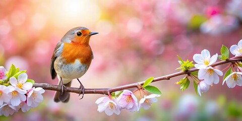Fototapeta premium Charming robin perched on a blossoming cherry tree branch in spring