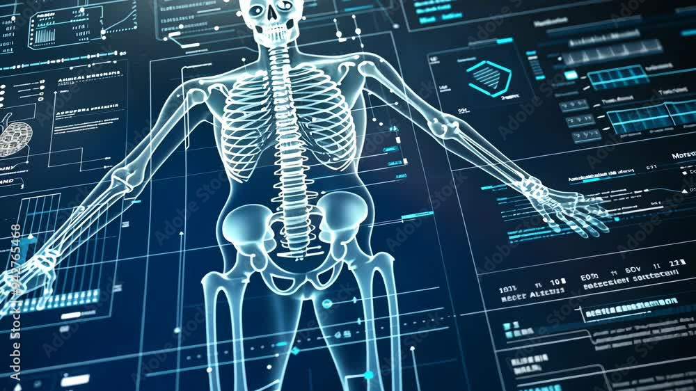 Poster understanding human anatomy with an interactive digital skeleton model highlighting bones and organs