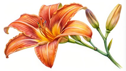 Fototapeta premium A detailed watercolor of a single orange daylily flower with a bud, perfect for botanical designs