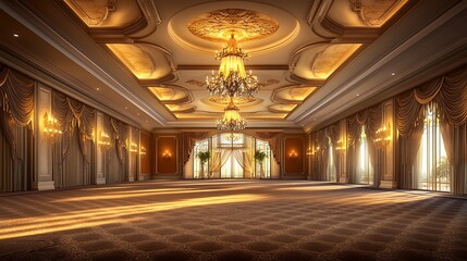 Obraz premium Opulent Ballroom with Ornate Ceiling Features, Plush Carpets, and Warm Lighting for a High-Class Formal Setting