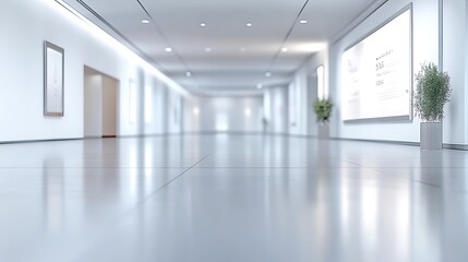 Spacious Contemporary Exhibition Hall with Sleek Flooring, Blurred Signage, and Minimalist Design