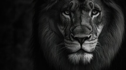 Naklejka premium Close-up Portrait of a Lion's Face in Black and White