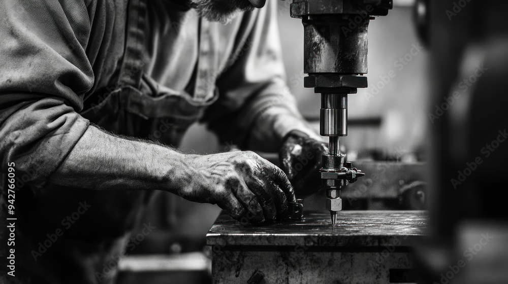 Poster a worker's hand using a metal press in a workshop