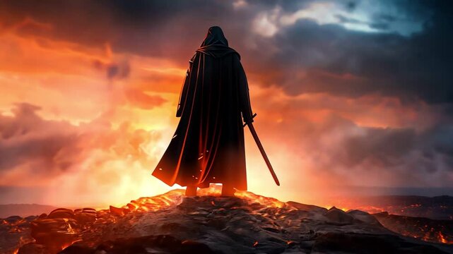 A lone figure stands on a fiery hilltop, shrouded in shadow, holding a sword