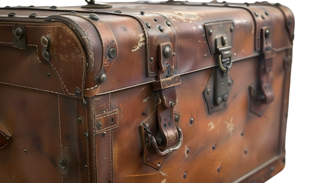 A weathered, brown leather suitcase with metal clasps and handle, evoking a sense of nostalgia and travel.