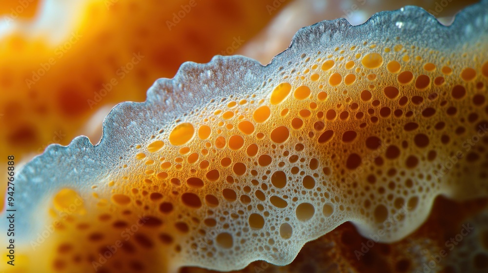 Poster macro view of a blue and orange sponge with circular holes