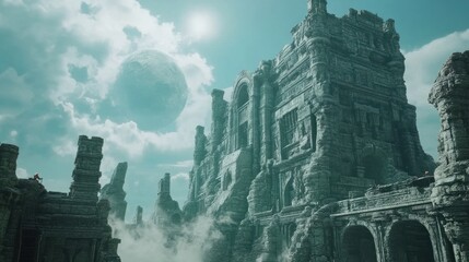 Ruined Stone City Under a Large Moon