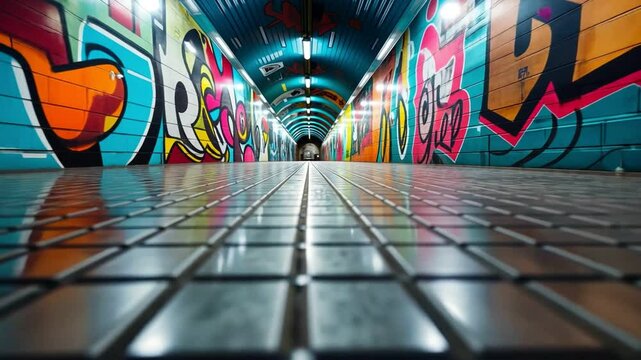 A tiled pathway leads through a graffiti-covered tunnel