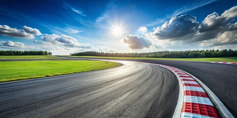 An endless empty asphalt race track with sweeping curves and clear skies with a rendering in