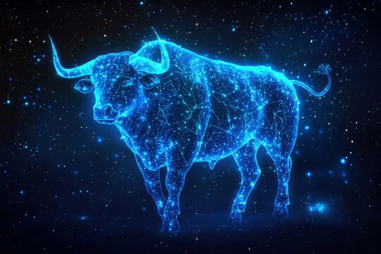 Glowing blue bull constellation in a starry night sky  a cosmic representation of taurus zodiac sign