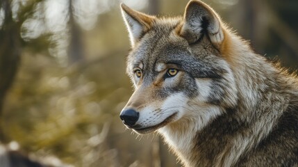 Fototapeta premium A Close-Up Portrait of a Wolf's Face in the Forest