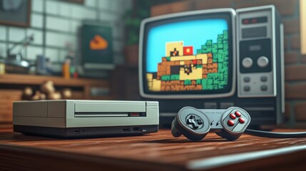 A vintage gaming console rests on a wooden table beside a controller, while an iconic pixel art game is showcased on an old television in a warm, inviting environment