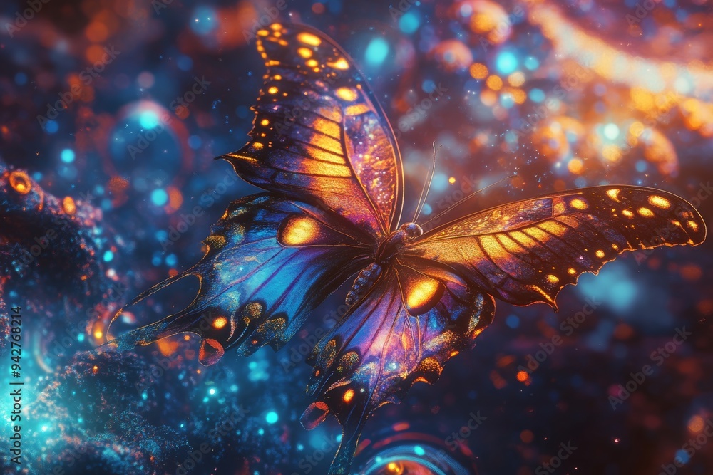 Aufkleber captivating digital butterfly glowing in a cosmic background with vibrant patterns and colors