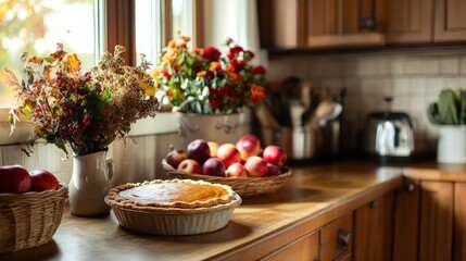 Fototapeta premium A cozy farmhouse kitchen features a wooden countertop adorned with colorful autumn flowers, shiny apples, and a warm apple pie, inviting a sense of comfort