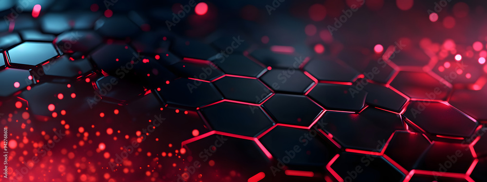 Poster modern dark hexagonal carbon fiber with red luminous lines and highlights background.ai generated im