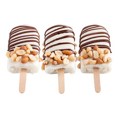Popsicle covered in chocolate and peanuts on transparent background