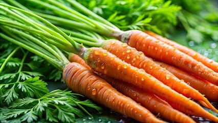 Vibrant carrot tops and stems with water droplets in natural light