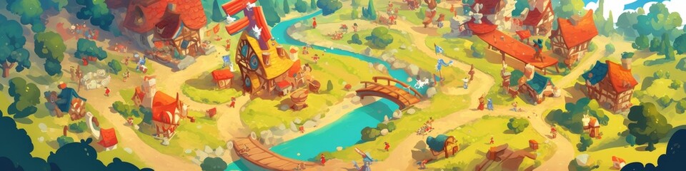 Naklejka premium Vibrant Medieval Fantasy Game Board: Top-Down View of Colorful Cartoon-Style Map. Intricate Digital CG Artwork for Video Game Concept, Board Game Design, and Interactive Storytelling. Perfect for Book