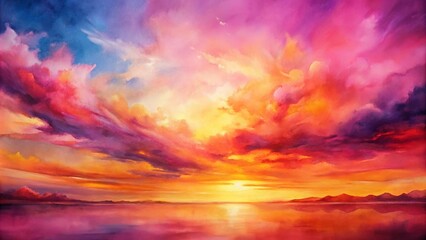 Abstract watercolor painting of a pink and orange sunset sky with fluid art technique