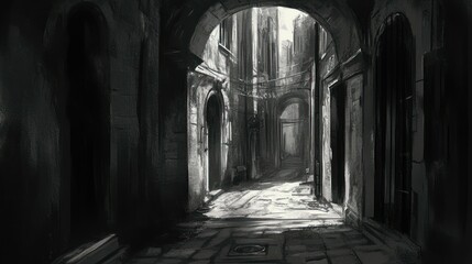 Fototapeta premium A Dark, Narrow Alleyway in a City with Stone Walls and an Archway