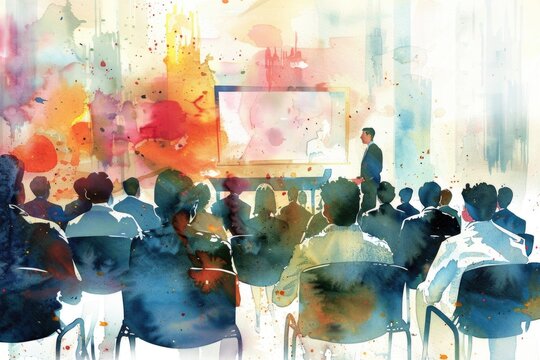 A watercolor illustration of a group of people gathered in a conference room for a business meeting