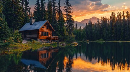 Obraz premium A serene wooden retreat by a calm lake, nestled among towering pines and bathed in the golden hues of sunset.