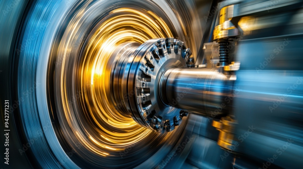 Poster close-up of a fast-spinning machine with golden blurred lights