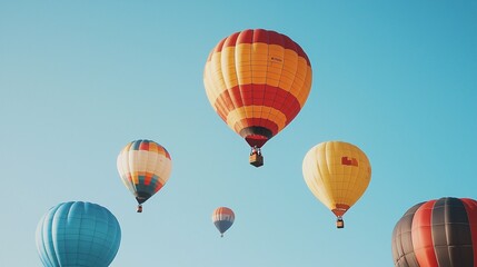 Obraz premium An impressive aerial scene captures vibrant hot air balloons drifting gracefully through a bright, cloudless sky during an aviation event.