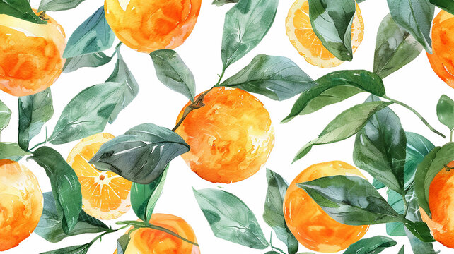 watercolor oranges and green leaves on white background